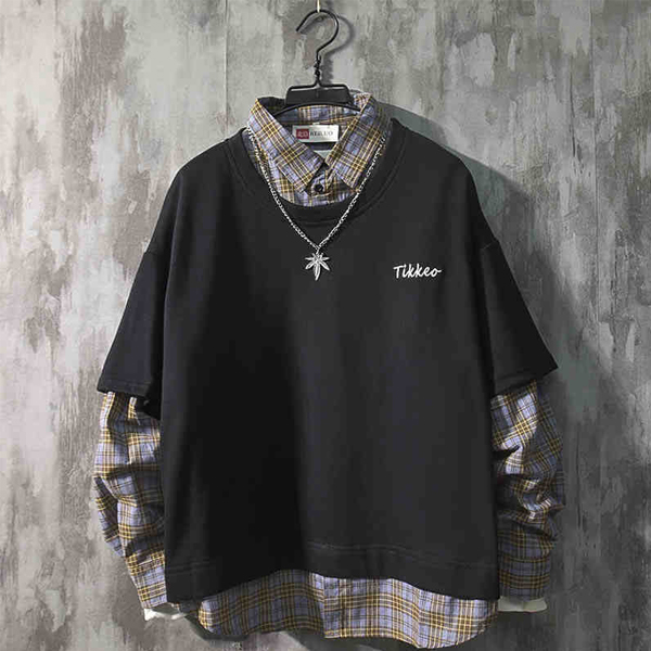 Early spring 2022 衣 早 sweater shirt men's thick Hong Kong style sub -jacket Japanese fake two Korean trendy shirts